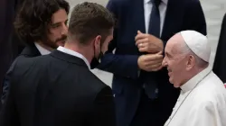 "The Chosen" actor Jonathan Roumie (left) and director Dallas Jenkins (center front) meet Pope Francis (right) at the Vatican on Aug. 11. Daniel Ibanez/CNA